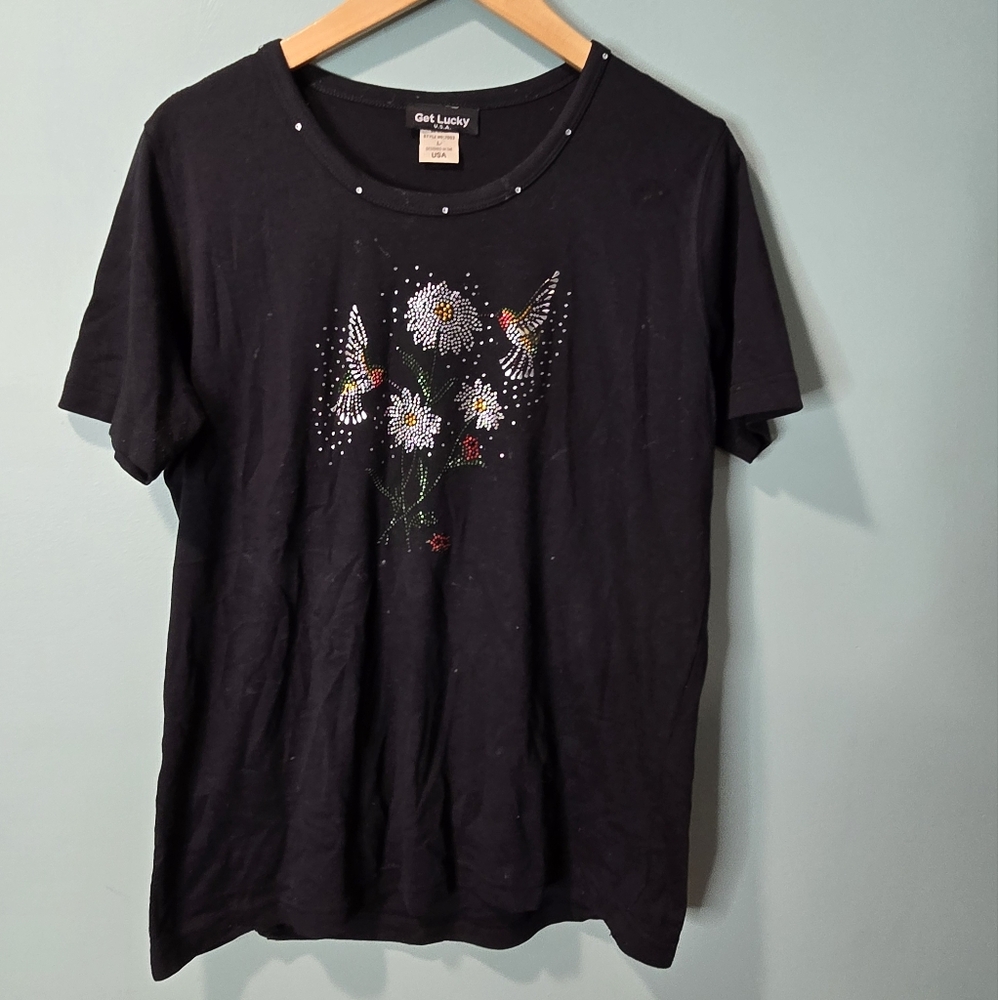 Vintage Y2k Get Lucky USA Jeweled Hummingbird Floral Women's T Shirt Size L Flaw